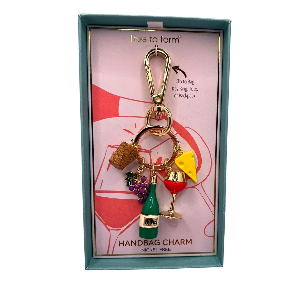 True to Form Wine Handbag Charm Clip Keychain, Wine Bottle Grapes Cheese